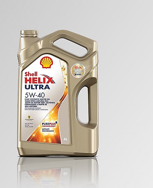Bidón Shell Helix Ultra 5W40 con fondo gris.