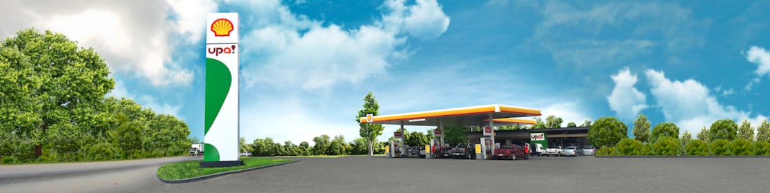 Estación de Servicio Shell en carretera junto a una tienda de conveniencia upa!