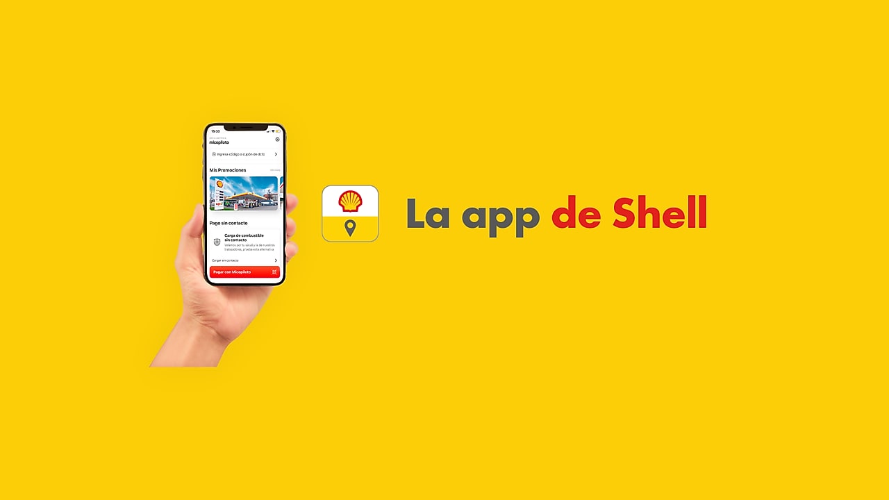 Una mano sosteniendo un celular con la app de Micopiloto en su pantalla. Al lado el logo de Micopiloto con el texto “La app de Shell”. Todo sobre fondo amarillo.