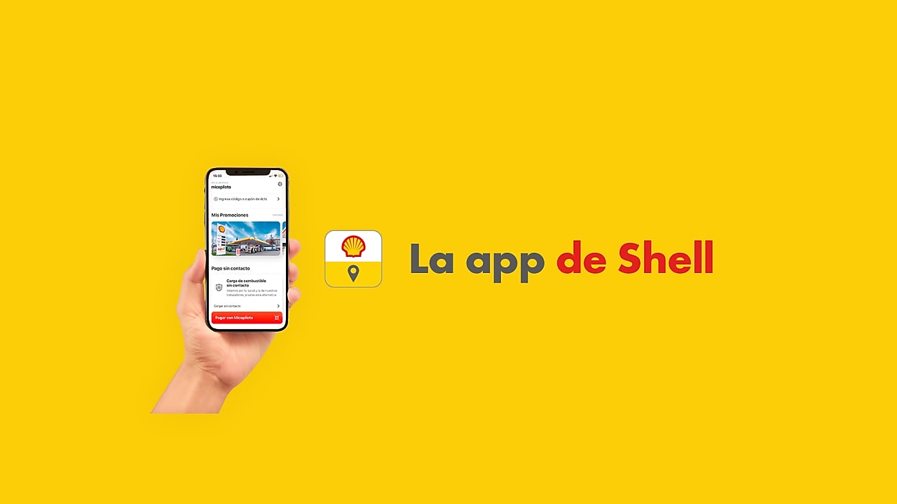 Una mano sosteniendo un celular con la app de Micopiloto en su pantalla. Al lado el logo de Micopiloto con el texto “La app de Shell”. Todo sobre fondo amarillo.