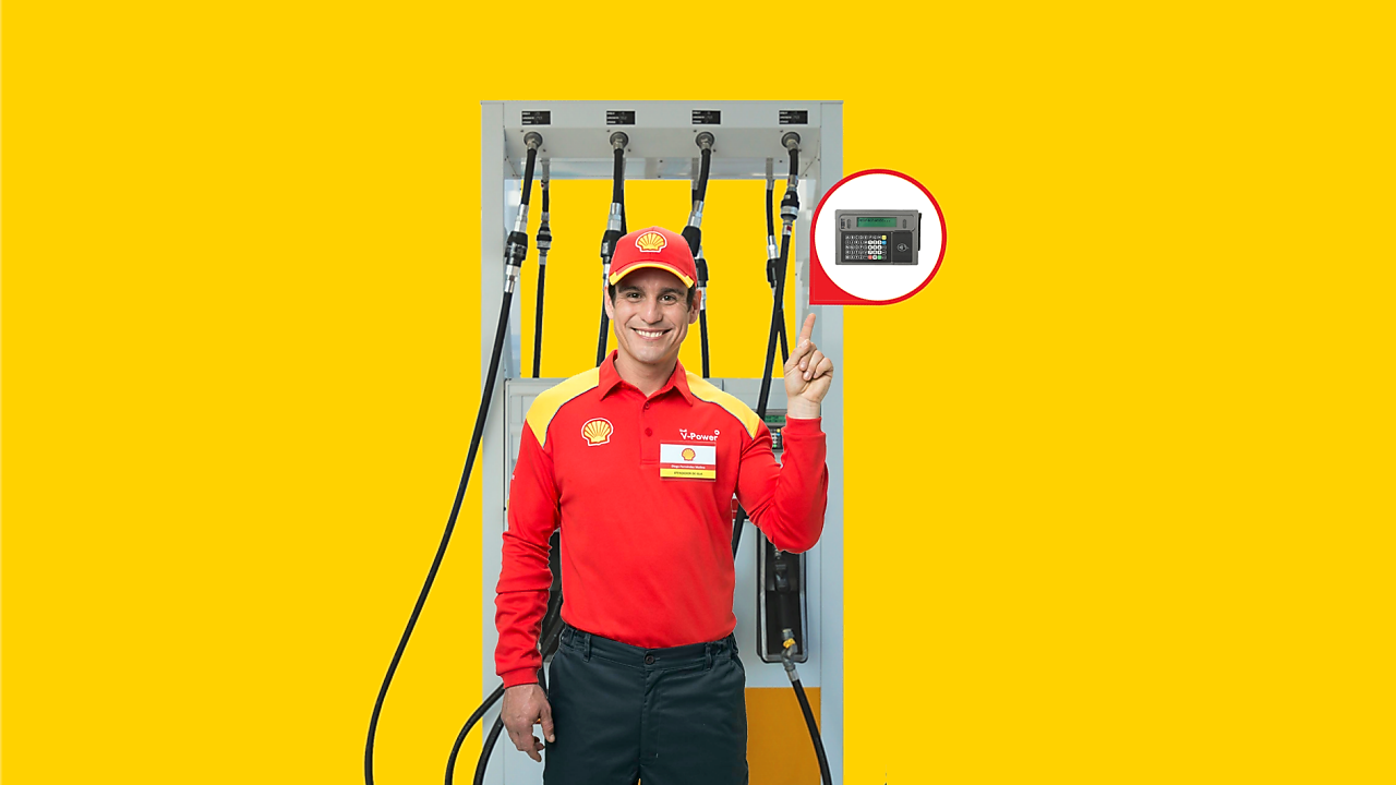 En un fondo amarillo, se ve un atendedor con un dispensador de combustible