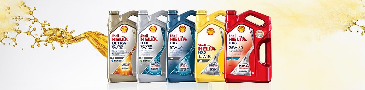 Cinco bidones Shell Helix con fondo Pureplus