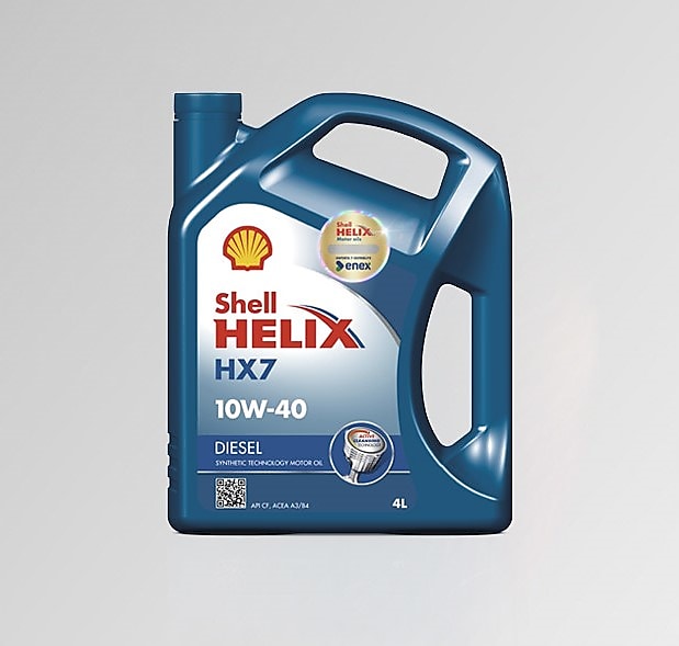 Bidón Shell Helix HX7 D CF 10W40 con fondo gris.