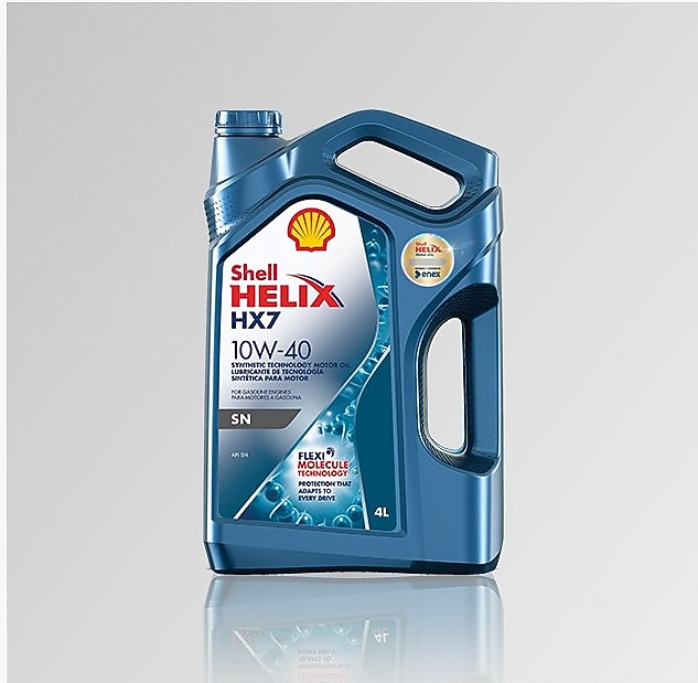 Bidón Shell Helix HX7 SN 10W40 con fondo gris.