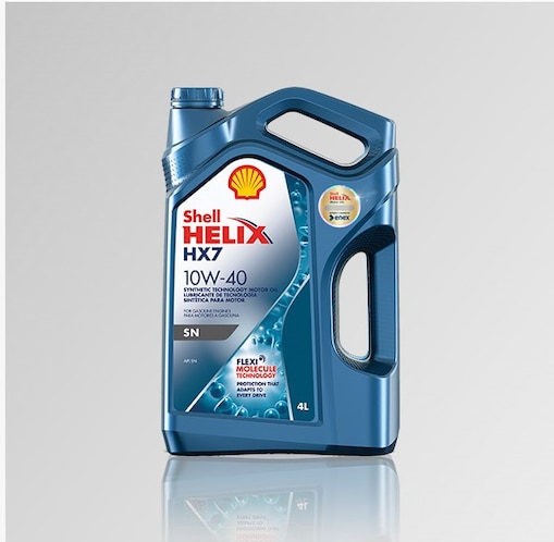Bidón Shell Helix HX7 SN 10W40 con fondo gris.