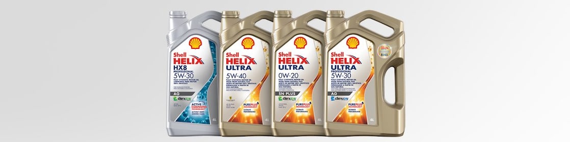 Bidón Shell Helix HX8 y Ultra con fondo gris.
