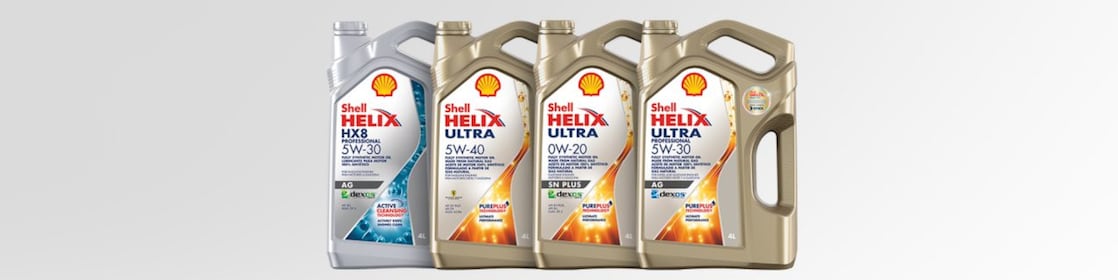 Bidón Shell Helix HX8 y Ultra con fondo gris.