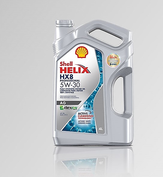 Bidón Shell Helix Ultra Pro AG 5W30 con fondo gris.