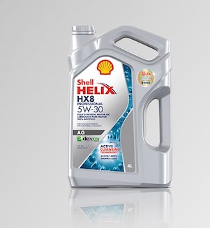 Bidón Shell Helix Ultra Pro AG 5W30 con fondo gris.