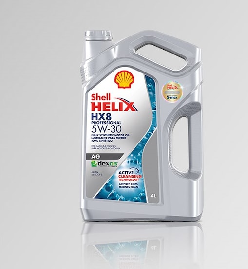 Bidón Shell Helix Ultra Pro AG 5W30 con fondo gris.