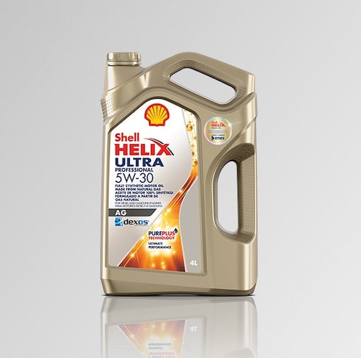 Bidón Shell Helix Pro AG 5W30 con fondo gris.