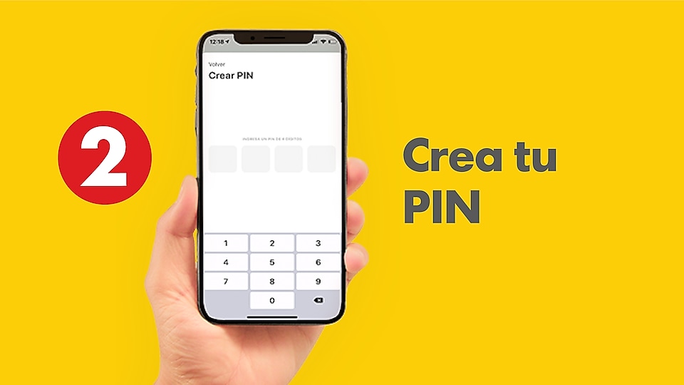 Una mano con un celular que muestra la pantalla de creación de pin dentro de la app para que los usuarios creen su pin como segundo paso