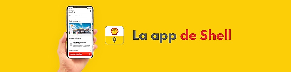 Una mano sosteniendo un celular con la app de Micopiloto en su pantalla. Al lado el logo de Micopiloto con el texto “La app de Shell”. Todo sobre fondo amarillo.