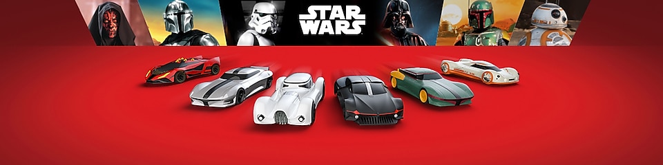 autos de Star Wars en un fondo rojo