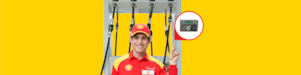 En un fondo amarillo, se ve un atendedor con un dispensador de combustible